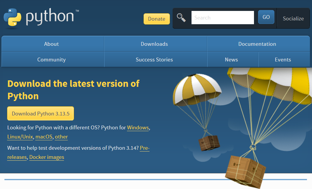 Screenshot from python.org, showing download button for python 3.13.5