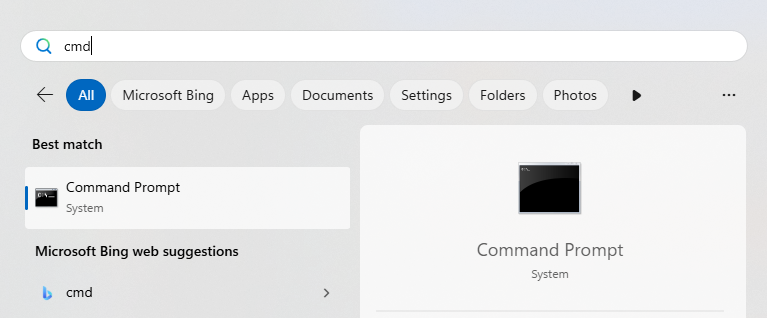 Windows Command Prompt from search result in windows start