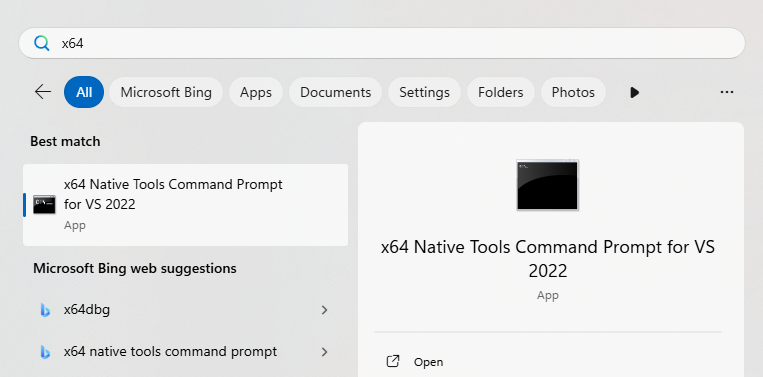 x64 native tools command prompt for vs 2022 from search result in windows start